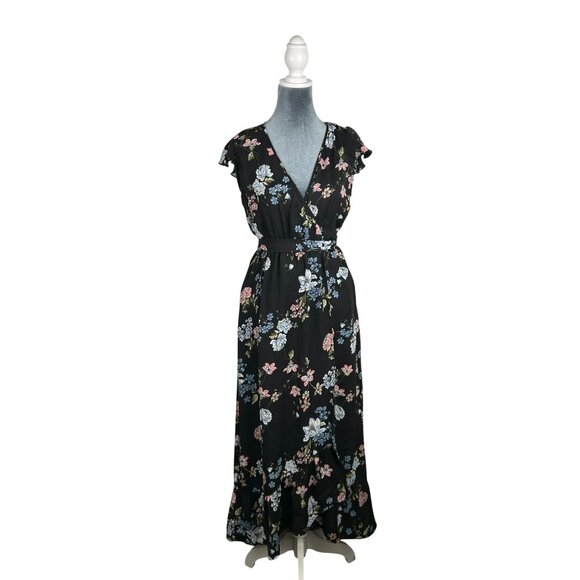 BO.G Collective Floral Wrap Maxi Dress Black/Blue Small With Flutter Sleeves NWT - Picture 7 of 16